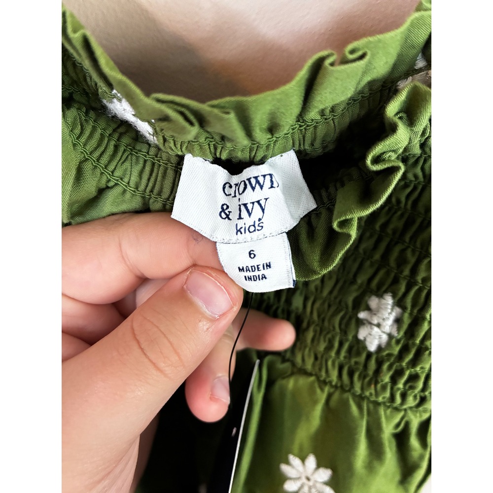 Crown & Ivy Kids Girls Green Floral Eyelet Smocked Tiered Dress Size 6 NEW - Picture 3 of 7